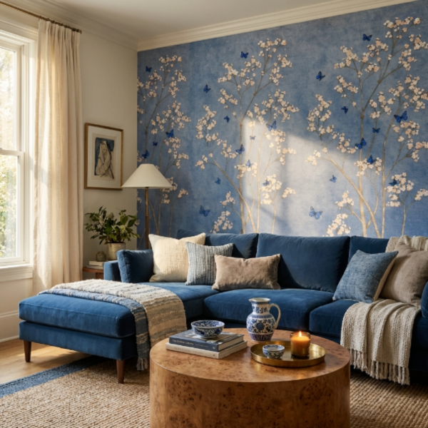 Mavi Zeminli Beyaz Çiçek ve Kelebek Desenli Duvar Kağıdı
