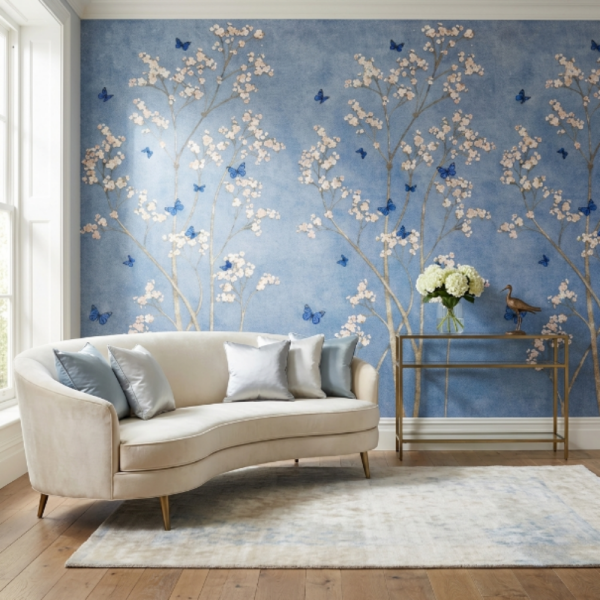 Mavi Zeminli Beyaz Çiçek ve Kelebek Desenli Duvar Kağıdı