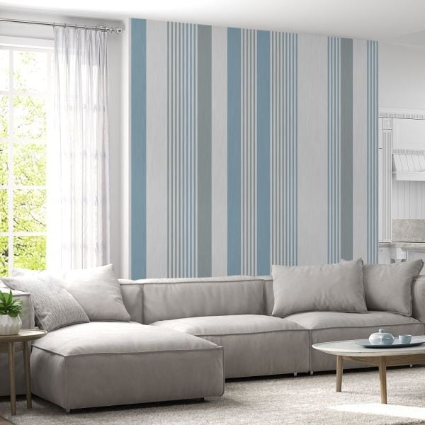 Mavi İnce Kalın Kombin Çizgili Duvar Kağıdı