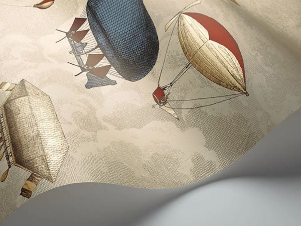 Fornasetti Yeni Dünya Çağrıştıran Bulutlar Arasında Asılı Harika Uçan Makineler Duvar Kağıdı