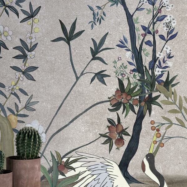 Gri Zeminde Nar Ağacı Turna Kuşları Duvar Kağıdı