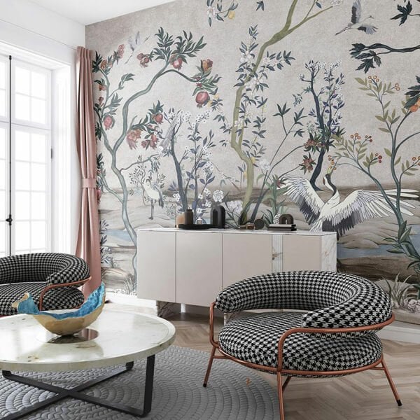 Gri Zeminde Nar Ağacı Turna Kuşları Duvar Kağıdı