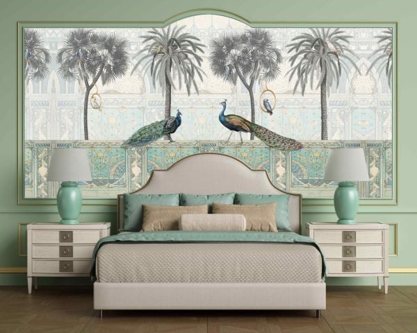 Tropik Ağaçlar Tavuskuşları Tasarım Duvar Kağıdı