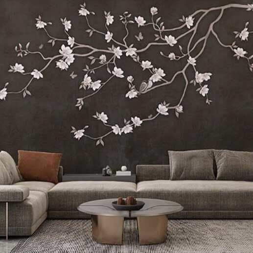 Kahve Zeminde Çiçekler Kuşlar Duvar Kağıdı