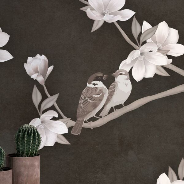 Kahve Zeminde Çiçekler Kuşlar Duvar Kağıdı