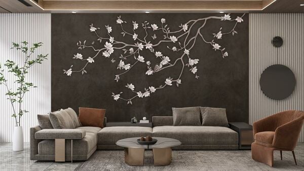 Kahve Zeminde Çiçekler Kuşlar Duvar Kağıdı