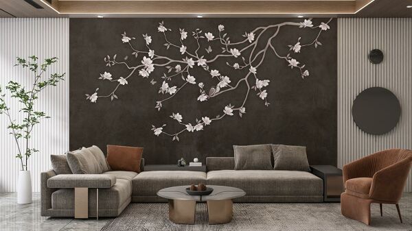 Kahve Zeminde Çiçekler Kuşlar Duvar Kağıdı