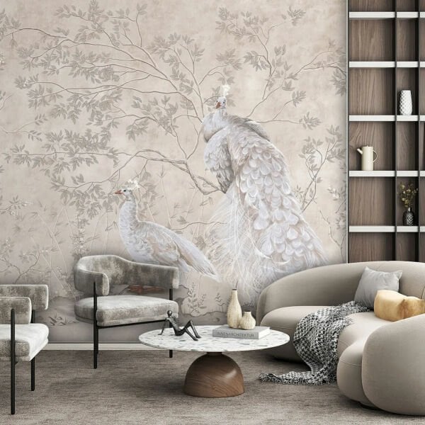 Bej Zeminde Beyaz Tavuskuşları Tasarım Duvar Kağıdı