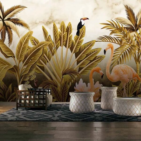 Ormanda Flamingolar Ağaçlar Duvar Kağıdı