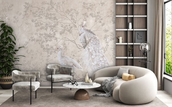 Bej Zeminde Beyaz Tavuskuşları Tasarım Duvar Kağıdı