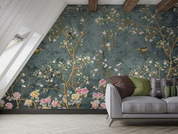 Güller Çiçekler Altın Kuşlar Duvar Kağıdı