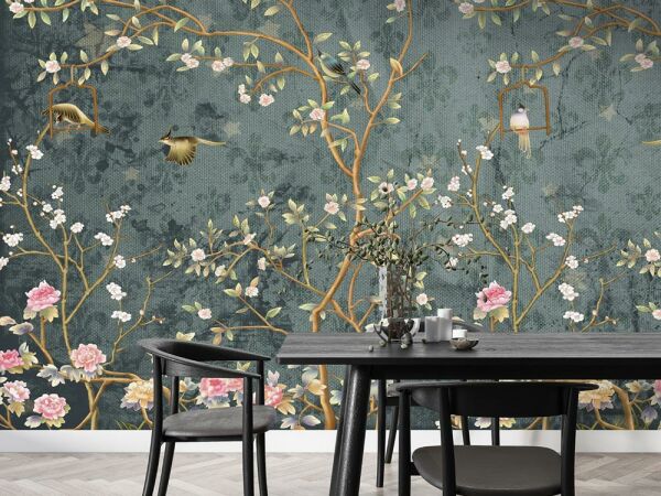 Güller Çiçekler Altın Kuşlar Duvar Kağıdı