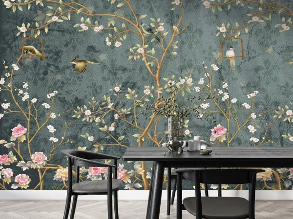 Güller Çiçekler Altın Kuşlar Duvar Kağıdı