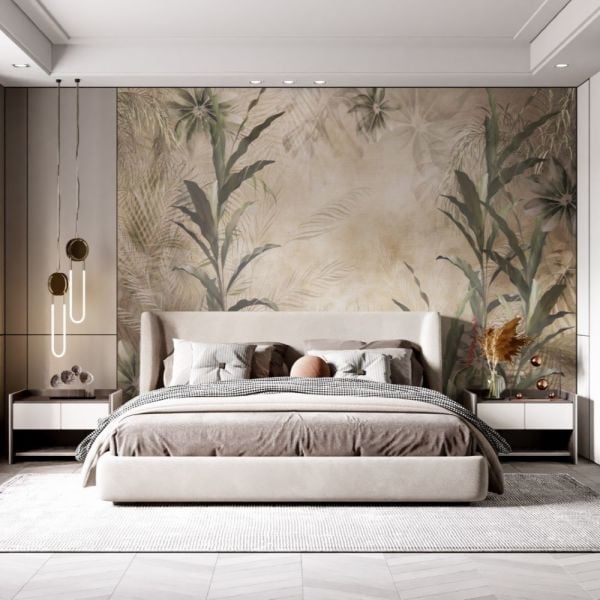 Sepya Zemin Tropik Yapraklar Tasarım Duvar Kağıdı