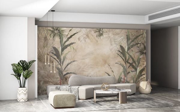 Sepya Zemin Tropik Yapraklar Tasarım Duvar Kağıdı