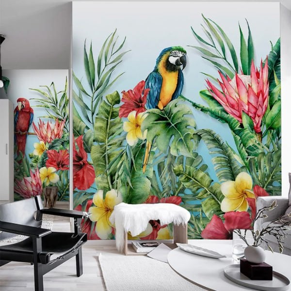 Mavi Zeminde Renkli Papağanlar Duvar Kağıdı