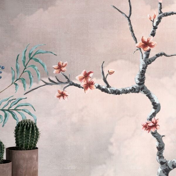 Sakura Çiçek Ağaçları Bulutlar İçinde Duvar Kağıdı