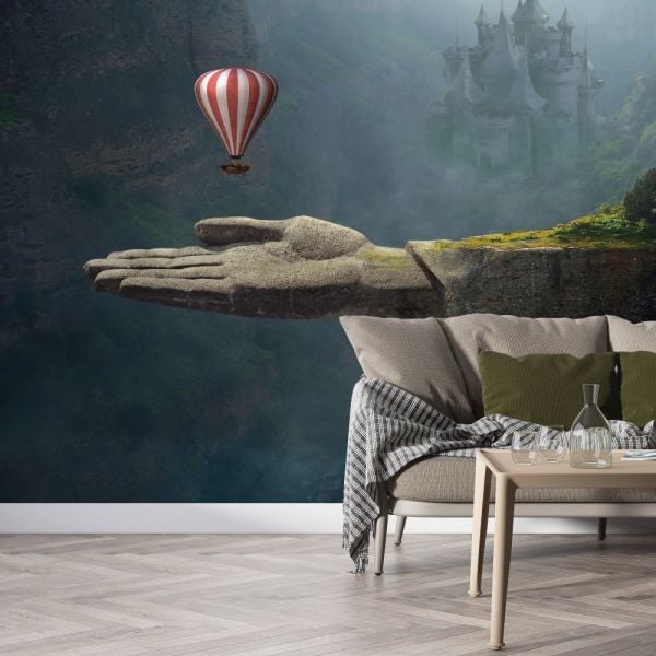 Kaya El Ve Uçan Hava Balonu Tasarım Duvar Kağıdı