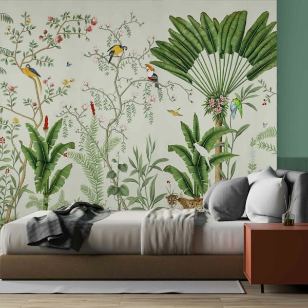 Tropik Ağaçlar Kuşlar Tasarım Duvar Kağıdı