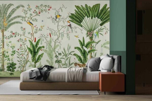 Tropik Ağaçlar Kuşlar Tasarım Duvar Kağıdı