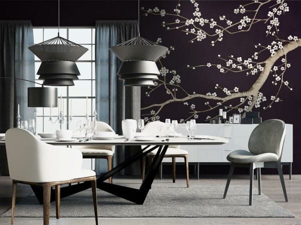 Siyah Zeminde Beyaz Çiçekler Duvar Kağıdı