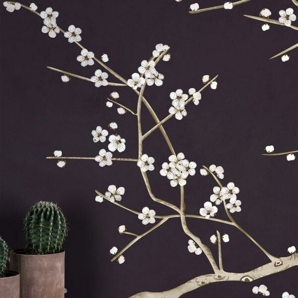 Siyah Zeminde Beyaz Çiçekler Duvar Kağıdı