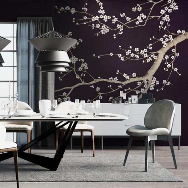 Siyah Zeminde Beyaz Çiçekler Duvar Kağıdı