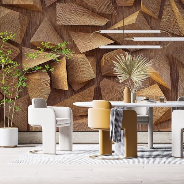 Geometrik Ahşap Uçan Prizma Şekiller Duvar Kağıdı