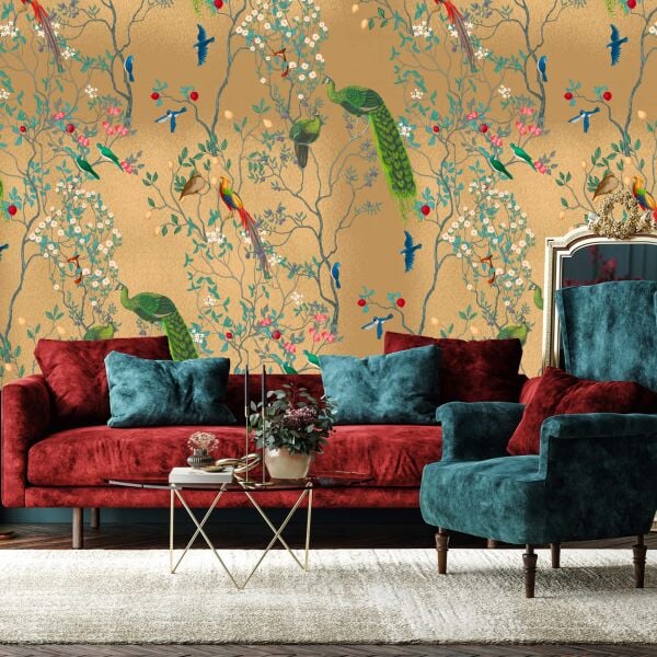 Yeşil Tavus Kuşları Tasarım Duvar Kağıdı