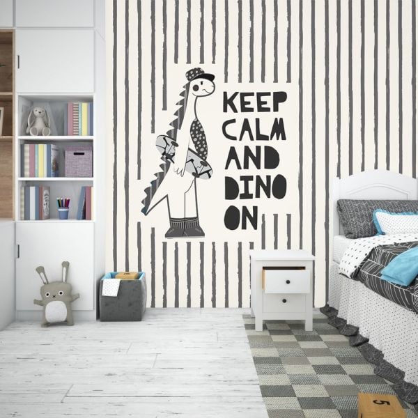 Siyah Beyaz Zemin Çizgili Dinazor Duvar Kağıdı