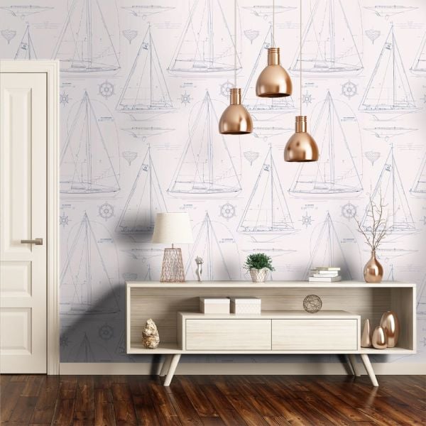 Boat Blueprint Vintage Blue Duvar Kağıdı