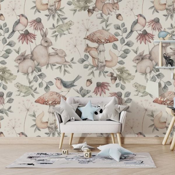 Sincap Tavşan Mantar Sevimli Tasarım Duvar Kağıdı
