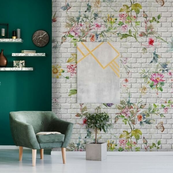 Taş Duvarda Çiçekler Tasarım Duvar Kağıdı