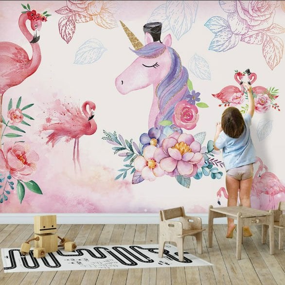 Pembe Unicorn ve Flamingolar Duvar Kağıdı