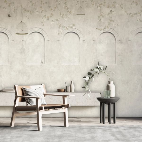 Duvarda Nişler Kuş Kafesleri Çiçekler Duvar Kağıdı