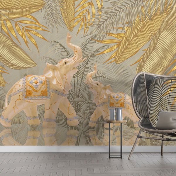 Tropik Altın Yapraklar Altın Detaylı Filler Duvar Kağıdı