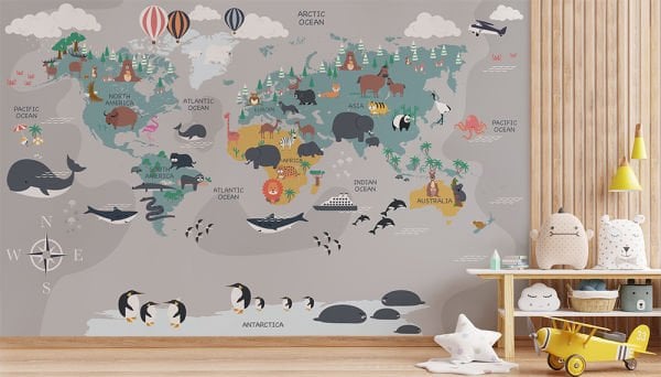 Dünya Haritası Kıtalarda Egzotik Hayvanlar Duvar Kağıdı