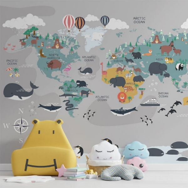 Dünya Haritası Kıtalarda Egzotik Hayvanlar Duvar Kağıdı