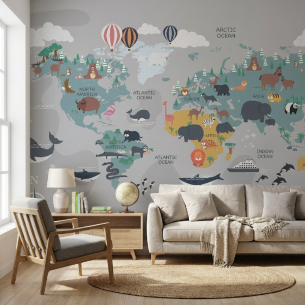 Dünya Haritası Kıtalarda Egzotik Hayvanlar Duvar Kağıdı