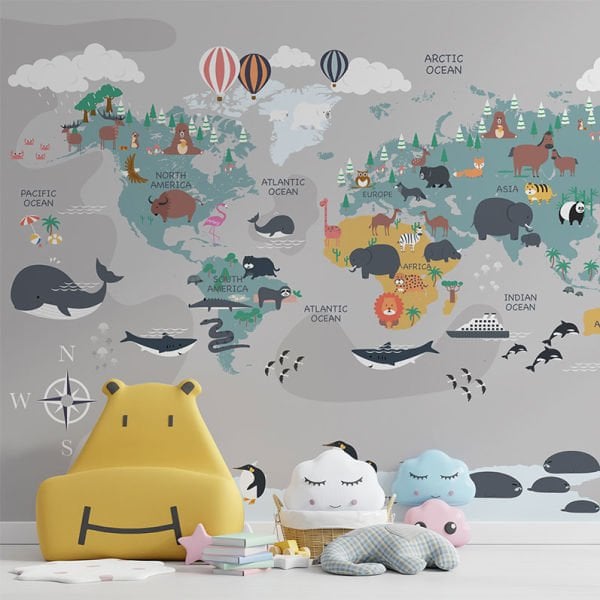 Dünya Haritası Kıtalarda Egzotik Hayvanlar Duvar Kağıdı