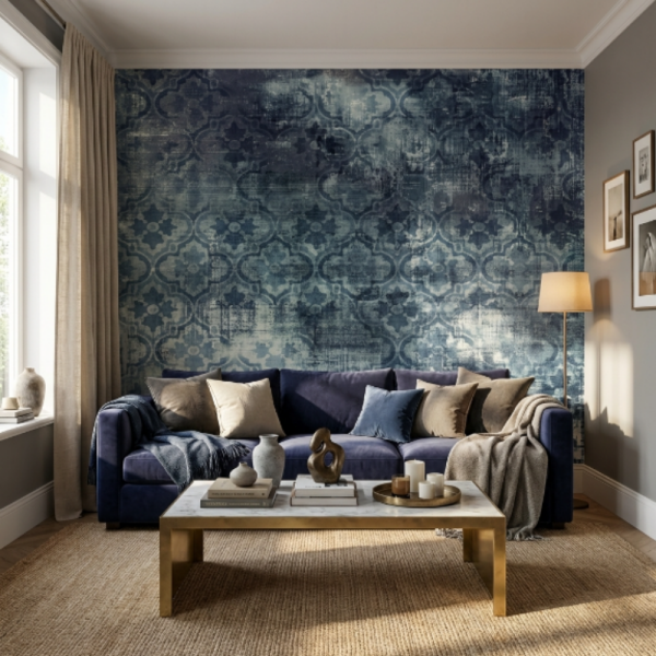 Old Damask Lacivert Duvar Kağıdı