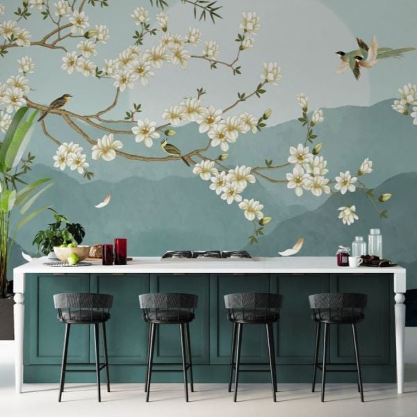 Turkuaz Dağlar Minik Kuşlar Duvar Kağıdı