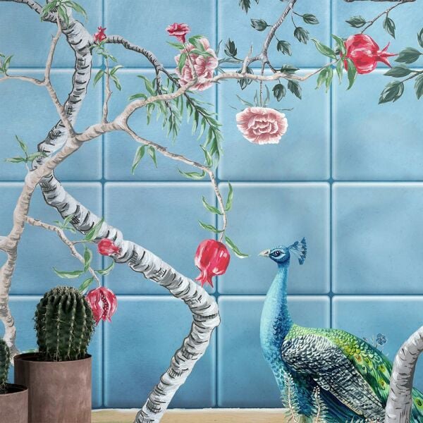 Deniz  Mavisi Karo Zeminde Çiçekler Duvar Kağıdı