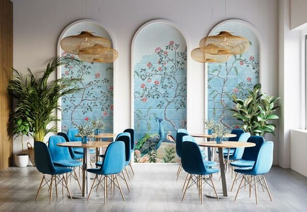 Deniz  Mavisi Karo Zeminde Çiçekler Duvar Kağıdı