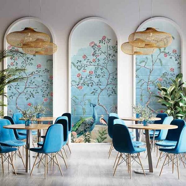 Deniz  Mavisi Karo Zeminde Çiçekler Duvar Kağıdı