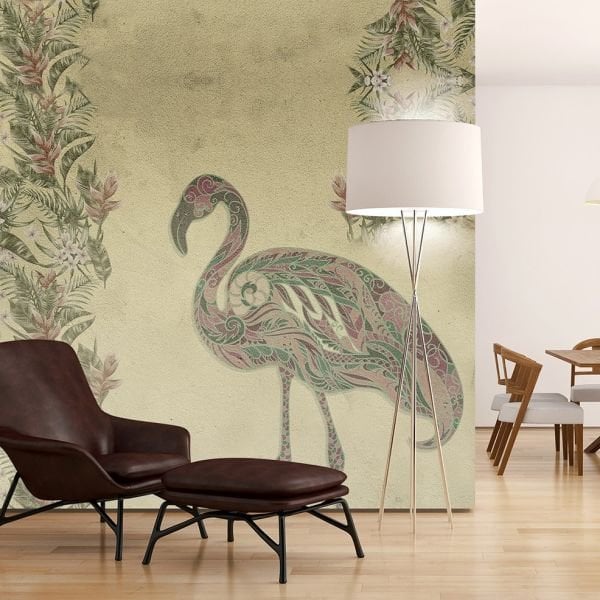 Çiçeklerle Tasarlanmış Flamingo Duvar Kağıdı