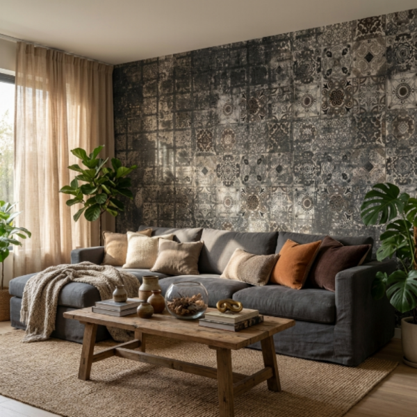 Siyah Gri Seramik Çini Desen Duvar Kağıdı