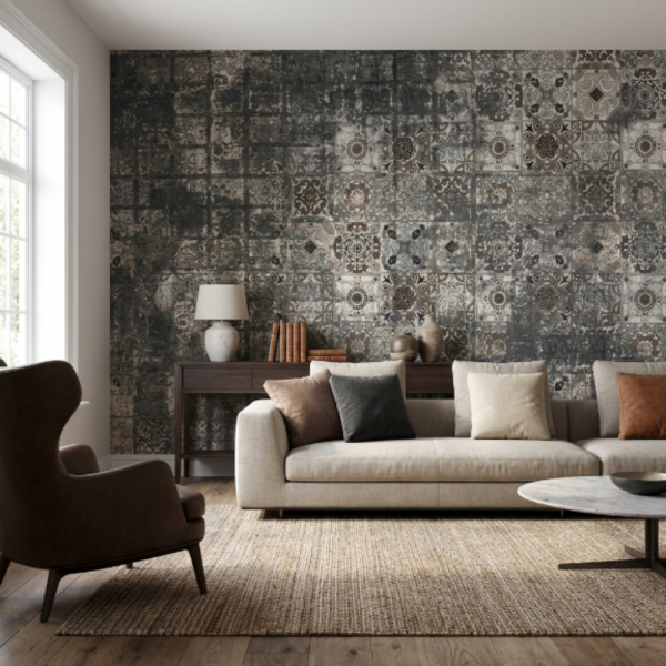 Siyah Gri Seramik Çini Desen Duvar Kağıdı