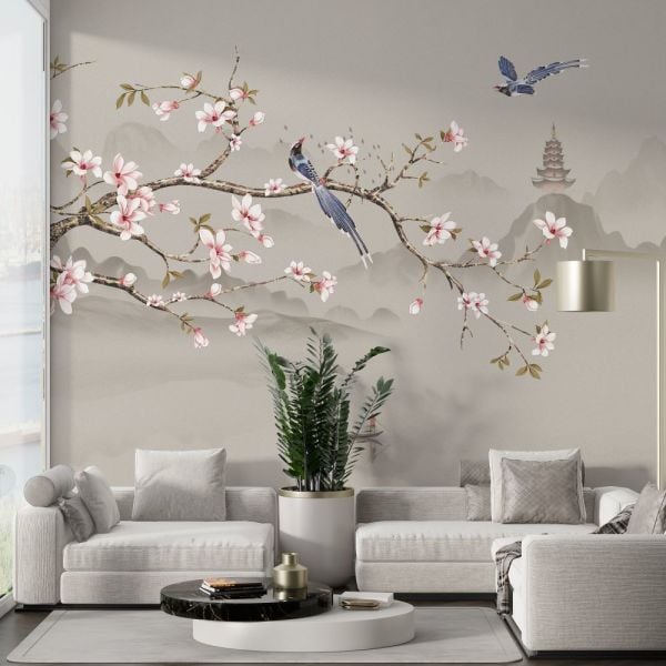 Çin Gülü  Sisli Dağlar Serçe Kuş Duvar Kağıdı