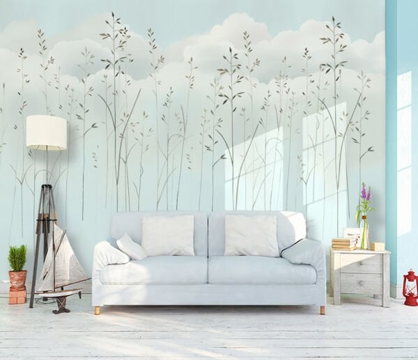 Mavi Bulutlar İçerisinde Zarif Ağaçlar Duvar Kağıdı